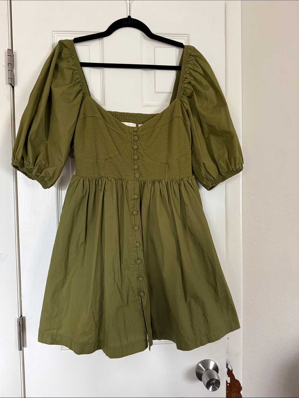 Olive Green Puff Sleeve Button-Front Mini Dress
